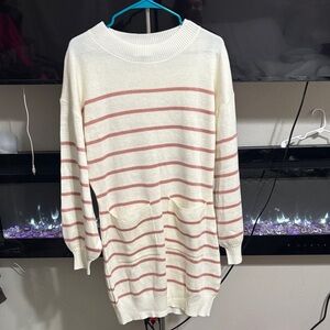 Boutique Elegant Cream and Pink Striped Women's Sweater Dress